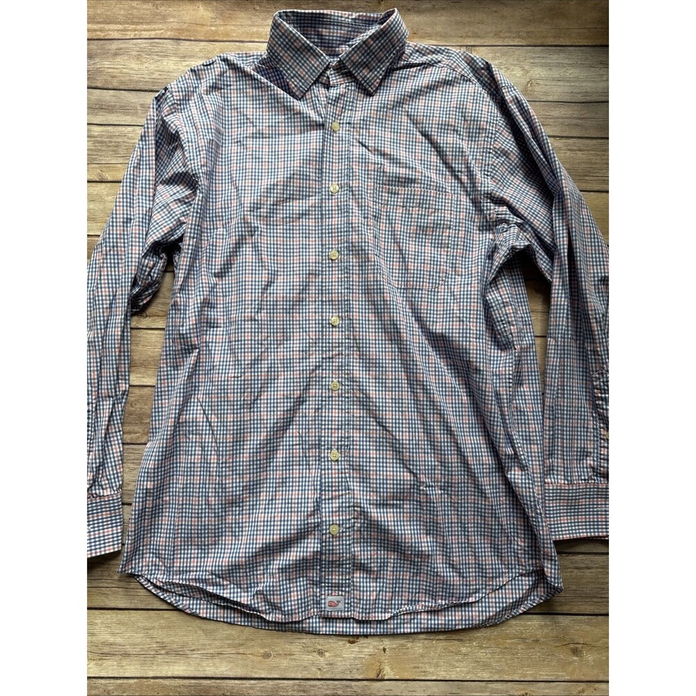 Vineyard Vines Men Shirt M Classic Fit Burgee Blue Pink Check Plaid Button Up